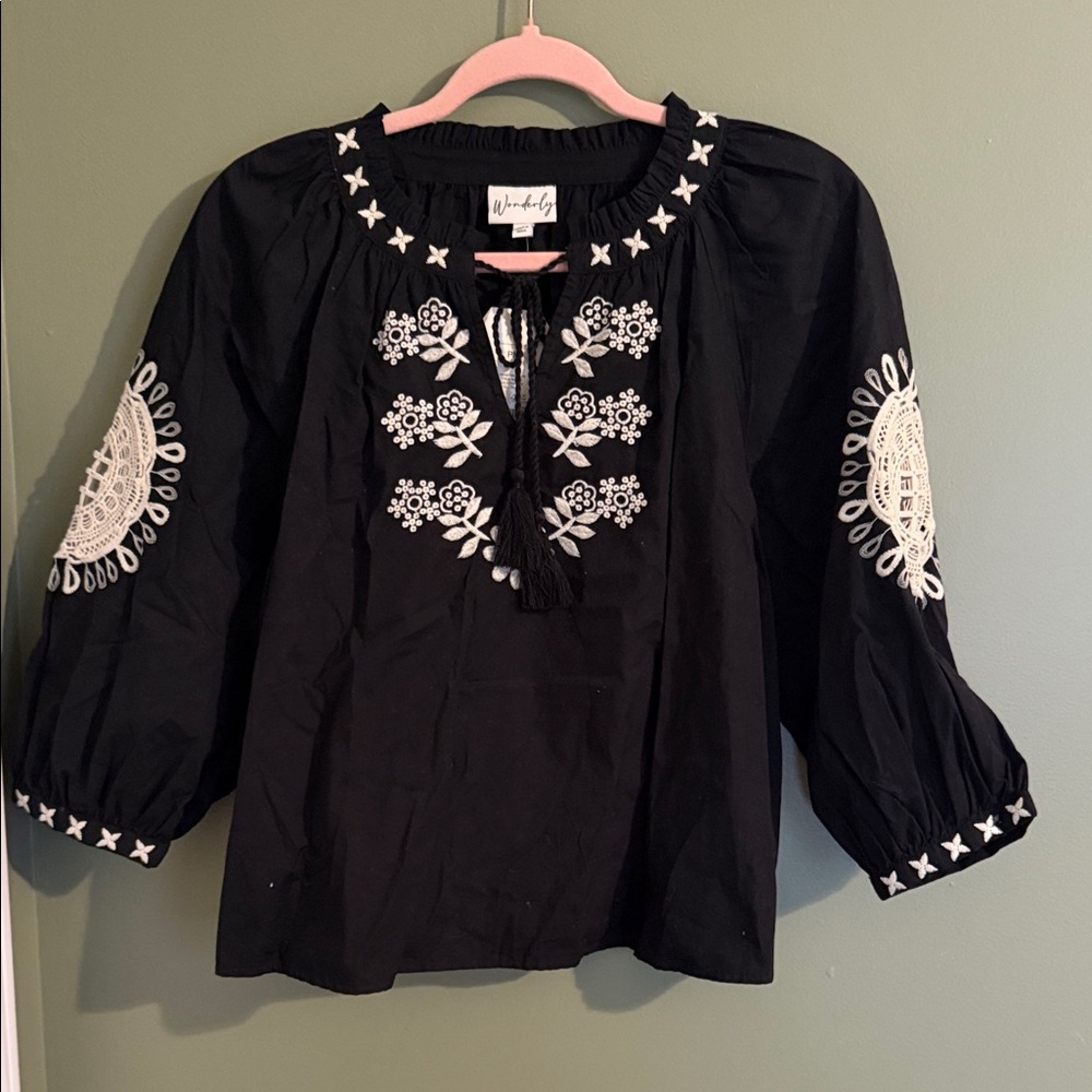 Wonderly Black Blouse with White Embroidery
